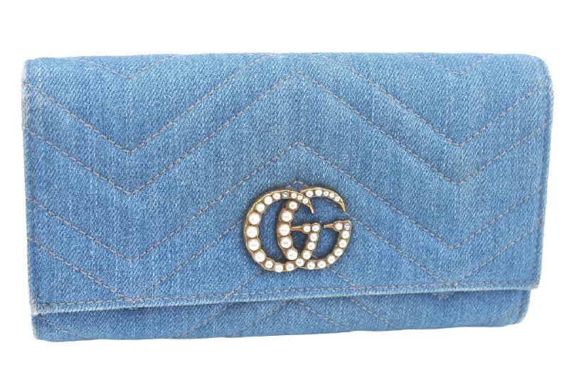 Gucci handbags for women with a back - zip pocketAuthentic GUCCI GG Marmont Continental Long Wallet Denim 443436 Light Blue K9847