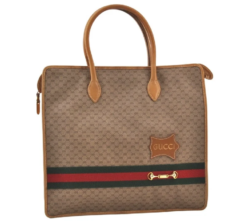 Women Gucci Sylvie bags with a monogram - embossed leatherAuthentic GUCCI Web Sherry Line Micro GG PVC Leather Tote Hand Bag Brown 9782J