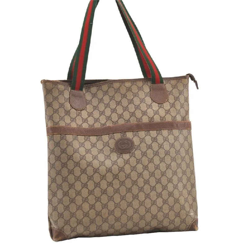 Ladies Gucci Dionysus bags with a chain - link shoulder strapAuthentic GUCCI Web Sherry Line Shoulder Tote Bag GG PVC Leather Brown 9570J