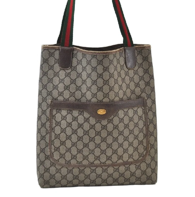 Women Gucci bags with a front - flap pocket for quick - access itemsAuthentic GUCCI Web Sherry Line Shoulder Tote Bag GG PVC Leather Brown K9932