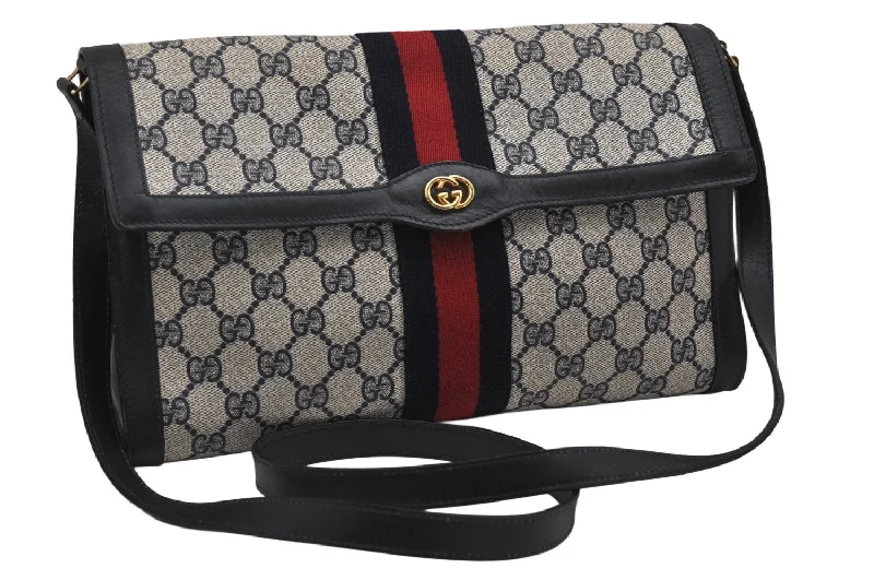 Ladies Gucci Dionysus bags with a chain - link shoulder strapAuthentic GUCCI Sherry Line Shoulder Cross Bag GG PVC Leather Navy Blue 0361K