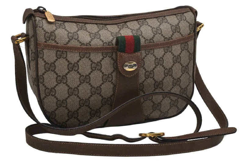 Gucci tote bags for women with a printed Gucci logoAuth GUCCI Web Sherry Line Shoulder Cross Bag GG PVC Leather Brown Junk 9869J