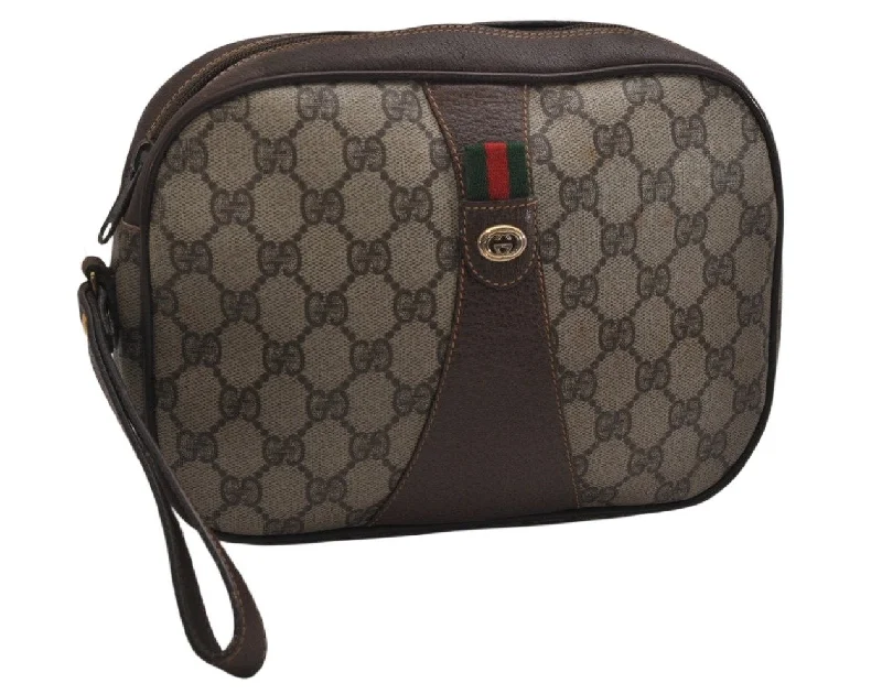 Gucci tote bags for women with a double - handle designAuthentic GUCCI Web Sherry Line Clutch Hand Bag GG PVC Leather Brown Junk 9537J