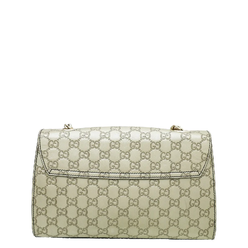 Women Gucci bags with a chain - link trim and a leather bodyGucci Metallic Champagne GG Guccissima Emily Medium Bag