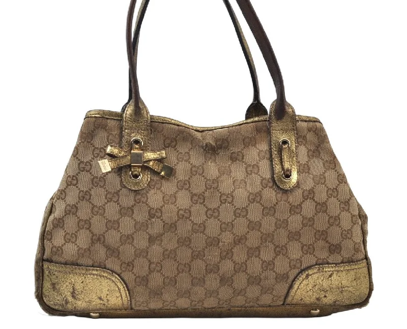 Women Gucci bags with a zip - around closure for securityAuth GUCCI Sherry Line Princy Ribbon Tote Bag GG Canvas 163805 Brown Gold K9902