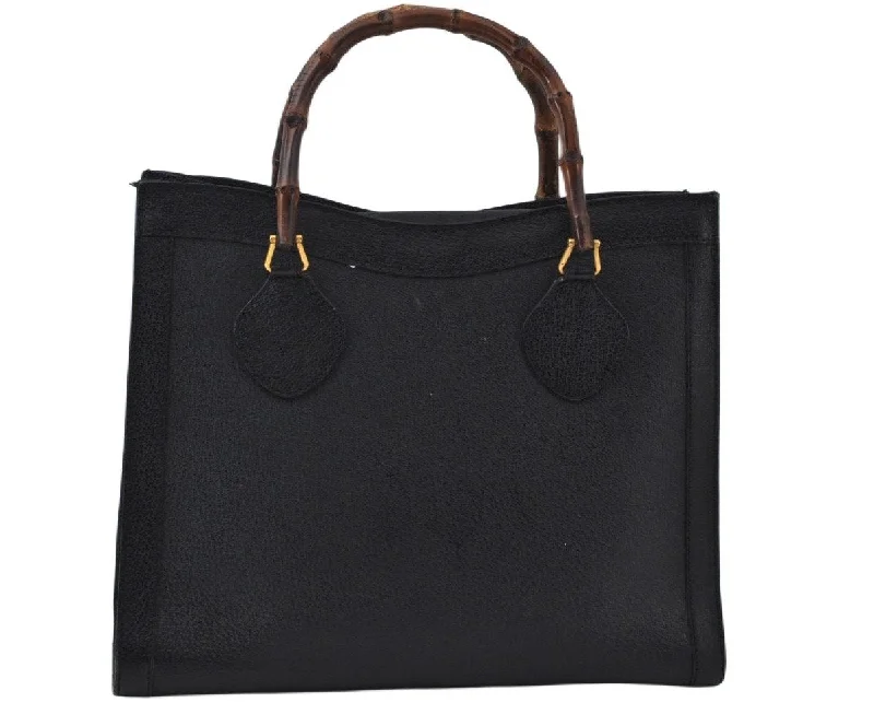 Ladies Gucci shoulder bags with a single - handle designAuthentic GUCCI Bamboo Vintage Hand Bag Leather Black Junk L0047