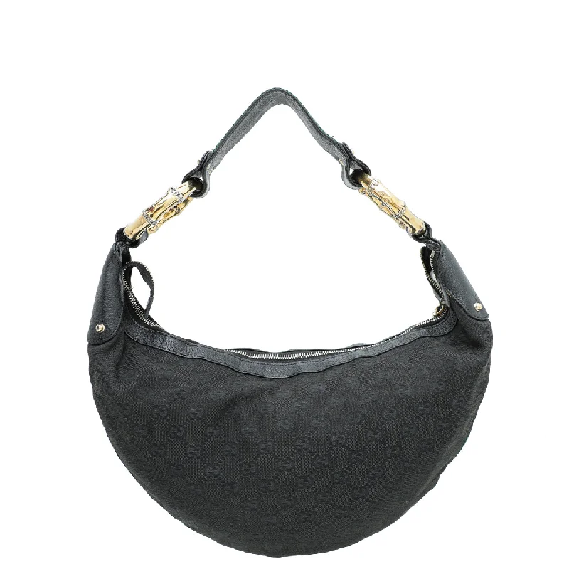 Ladies Gucci shoulder bags with a magnetic - closure flapGucci Black GG Web Bamboo Ring Hobo Bag