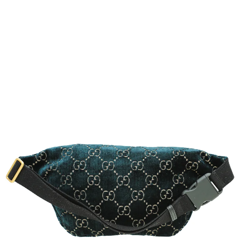 Women Gucci bags with a front - flap pocket for quick - access itemsGucci Petrolum Blue Velvet GG Web Belt Bag