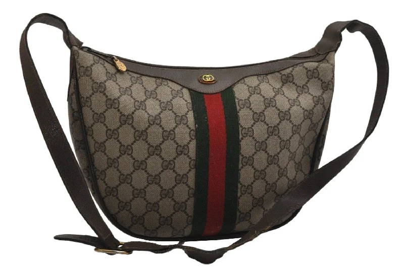 Women Gucci bags with a chain - link trim and a leather bodyAuthentic GUCCI Web Sherry Line Shoulder Bag GG PVC Leather Brown Junk 9566J