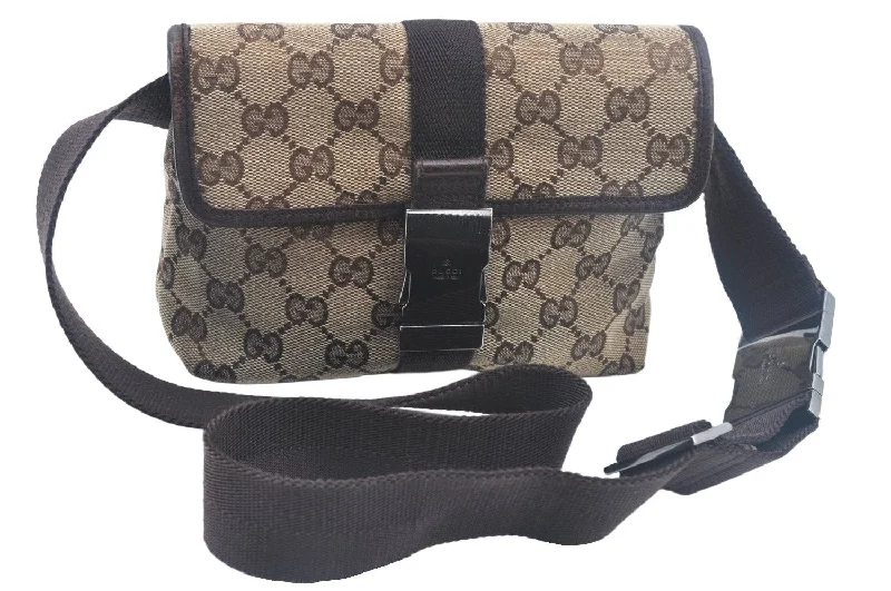 Women Gucci Sylvie bags with a detachable ribbon detailAuthentic GUCCI Waist Body Bag GG Canvas Leather Brown K9982