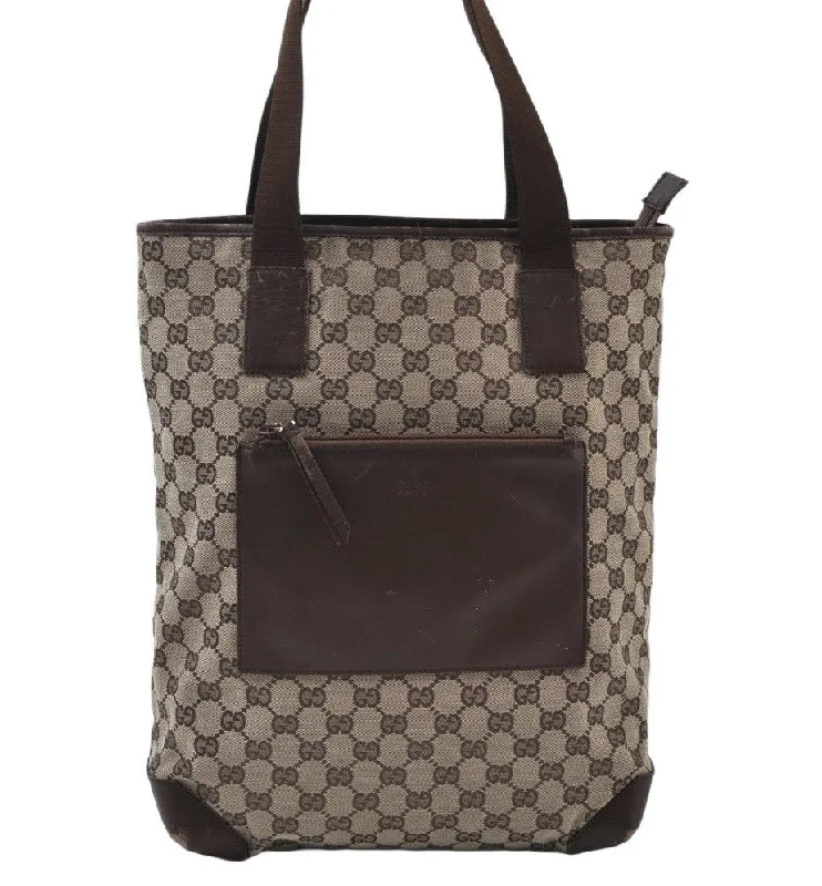 Women Gucci bags with a front - zip pocket for small itemsAuthentic GUCCI Vintage Shoulder Tote Bag GG Canvas Leather Brown K9865