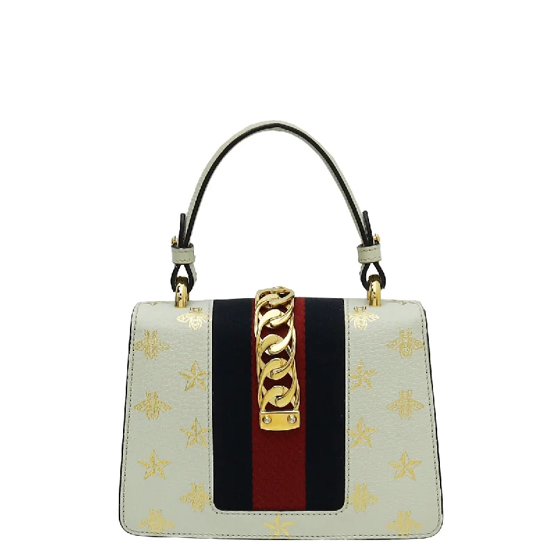 Women Gucci crossbody bags with a woven leather strapGucci White Sylvie Top Handle Bee Star Mini Bag