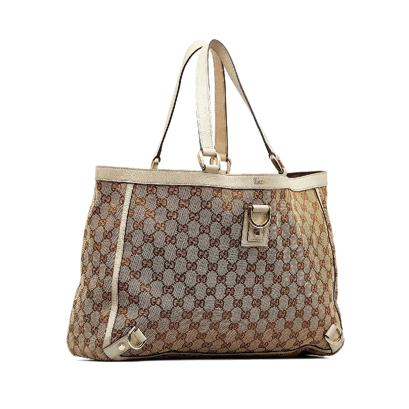 Women Gucci bags with a chain - link trim and a leather bodyGucci GG Canvas Abbey D-Ring Tote Bag (SHG-w0nWpO)