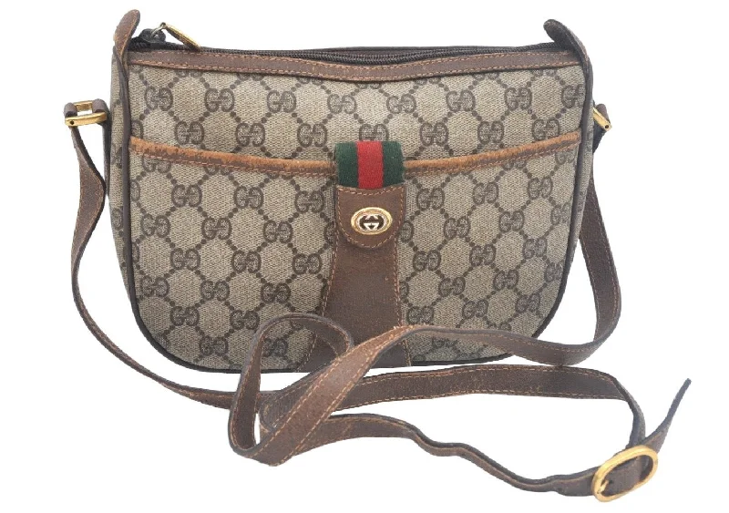 Ladies Gucci shoulder bags with a single - handle designAuthentic GUCCI Web Sherry Line Shoulder Cross Bag GG PVC Leather Brown L0074