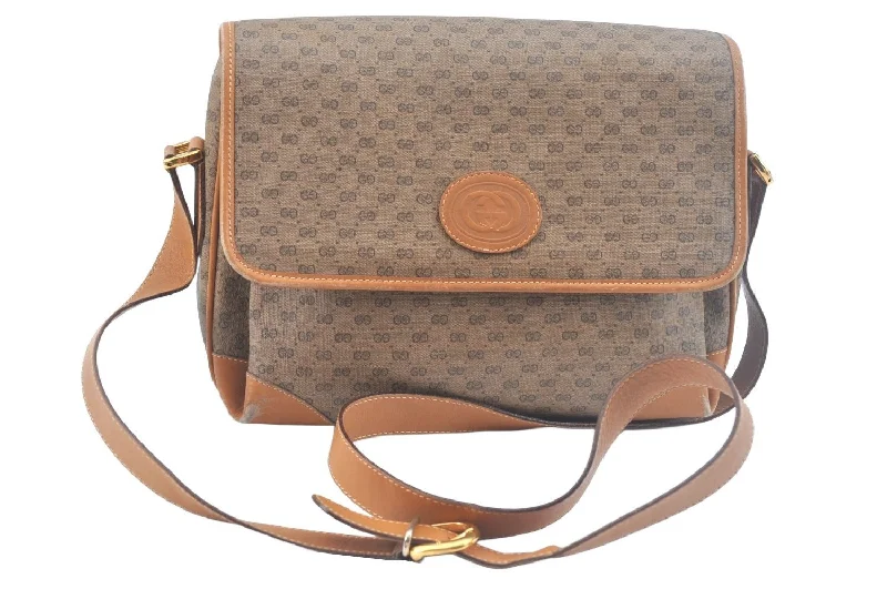 Women Gucci bags with interlocking G hardware for a classic lookAuthentic GUCCI Micro GG PVC Leather Shoulder Cross Body Bag Brown K9826