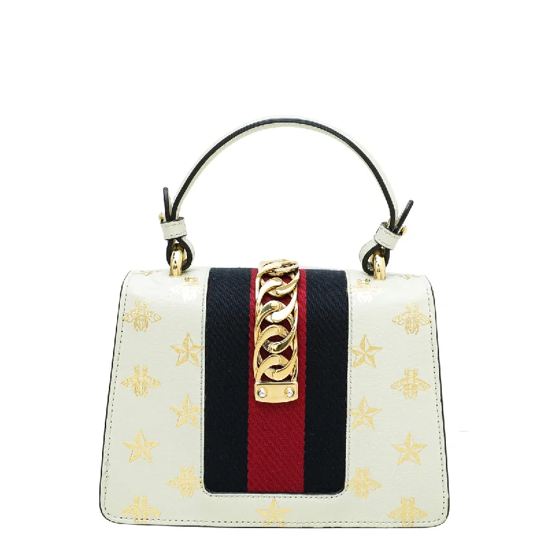 Gucci tote bags for women with a printed Gucci logoGucci White Sylvie Bee Star Mini Top Handle Bag