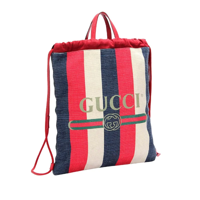 Women Gucci Sylvie bags with a leather - wrapped handleGucci Sylvie Stripe Canvas Drawstring Backpack (SHG-q4xOwU)