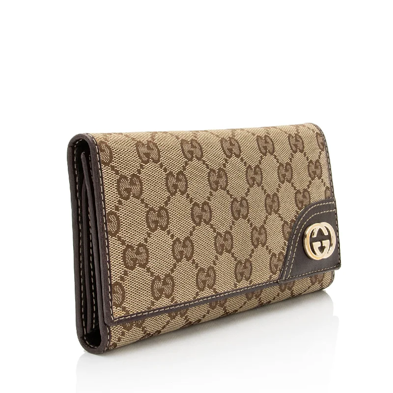 Gucci Marmont bags for women with a contrast - colored interiorGucci GG Canvas Britt Logo Tri-fold Wallet (5J08AO)