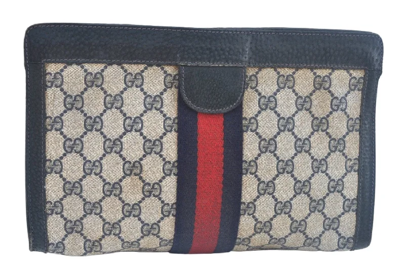 Gucci tote bags for women with a printed Gucci logoAuthentic GUCCI Sherry Line Clutch Hand Bag Purse GG PVC Leather Navy Blue K9948