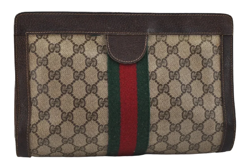 Women Gucci Sylvie bags with a crystal - embellished web stripeAuthentic GUCCI Web Sherry Line Clutch Hand Bag Purse GG PVC Leather Brown 0506K