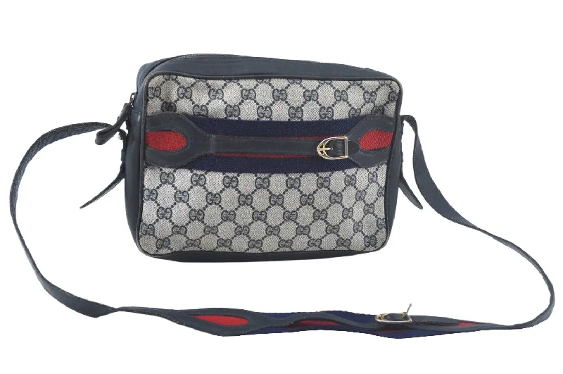 Women Gucci Sylvie bags featuring the signature web stripeAuthentic GUCCI Sherry Line Shoulder Bag purse GG PVC Leather Navy Blue 0404K