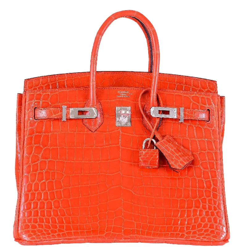 Hermes Birkin Bags with a Braided Leather Handle for a Bohemian TouchHermes Birkin 25 Niloticus Crocodile Poppy Orange Palladium Hardware