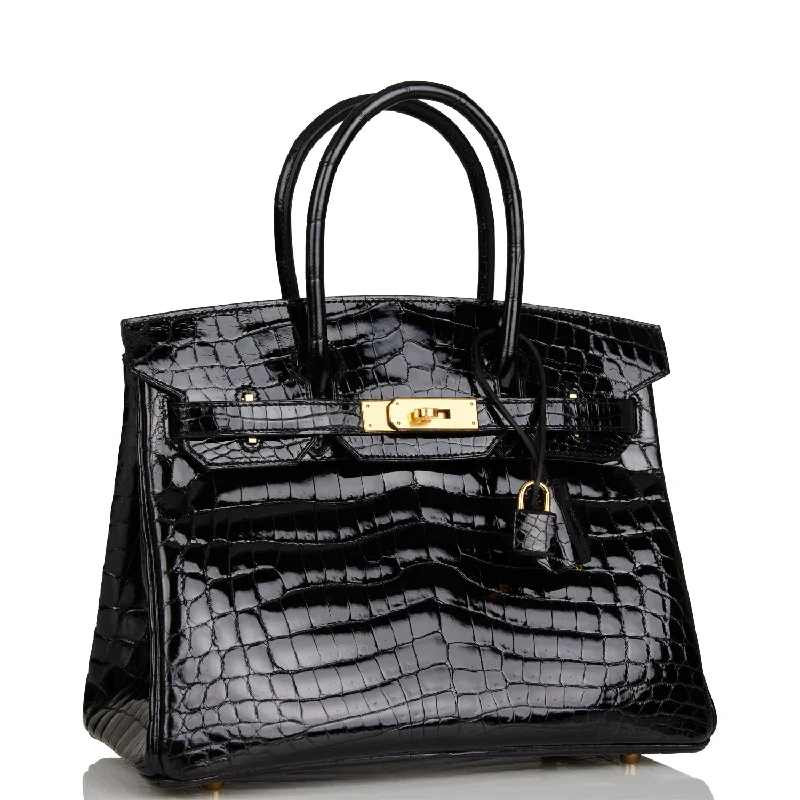 Hermes Birkin Bags with a Hand - Painted Monogram DesignHermes Birkin 30 Black Shiny Niloticus Crocodile Gold Hardware