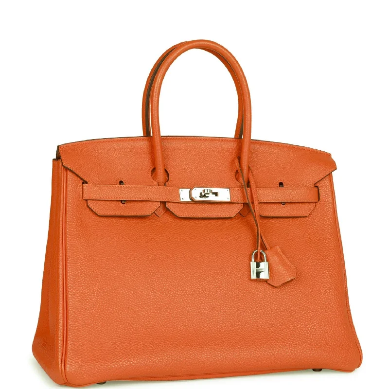 Hermes Birkin Bags with a Hand - Burnished Edge FinishHermes Birkin 35 Orange H Clemence Palladium Hardware -