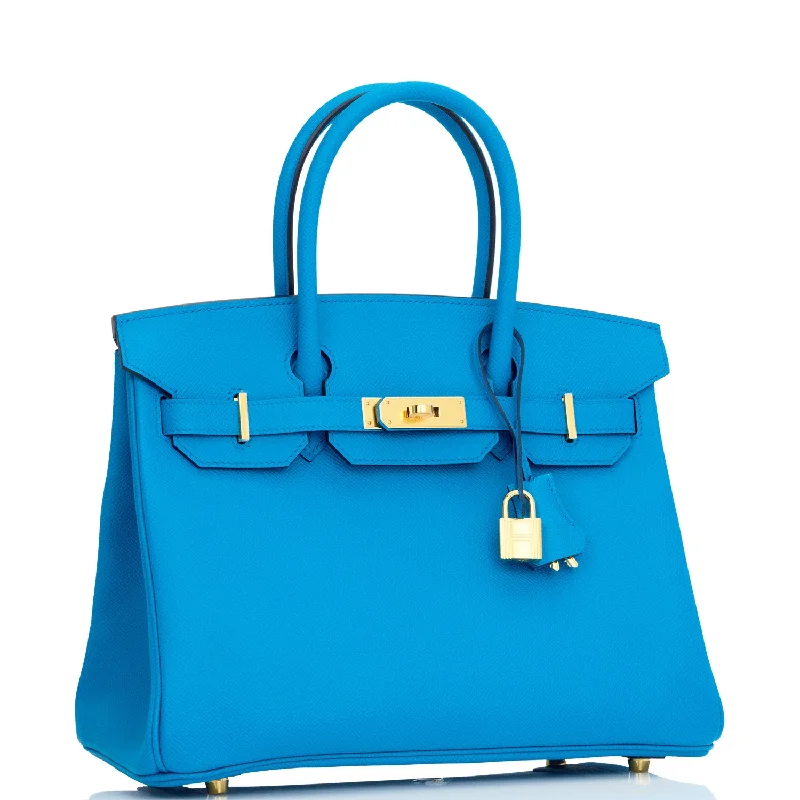 Hermes Birkin Bags with a Hand - Carved Leather DecorationHermes Birkin 30 Bleu Frida Epsom Gold Hardware