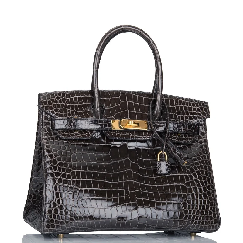 Hermes Birkin Bags with a Leather - Lined Interior Pocket for Added ProtectionHermes Birkin 30 Graphite Shiny Porosus Crocodile Gold Hardware