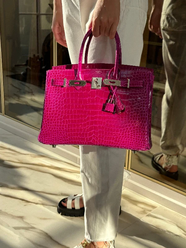 Hermes Birkin Bags with a Hand - Burnished Edge FinishHermes Birkin 30 Rose Pourpre Shiny Porosus Crocodile Palladium Hardware