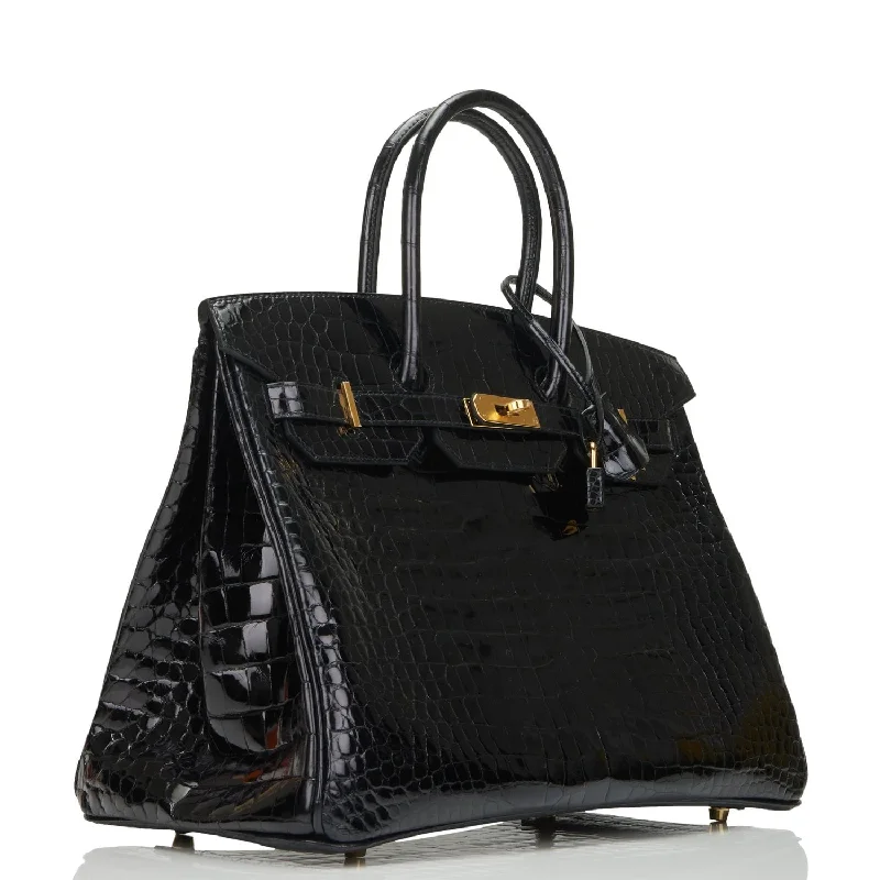 Hermes Birkin Bags with a Contrast - Stitched Handle for Added StyleHermes Birkin 35 Black Shiny Porosus Crocodile Gold Hardware