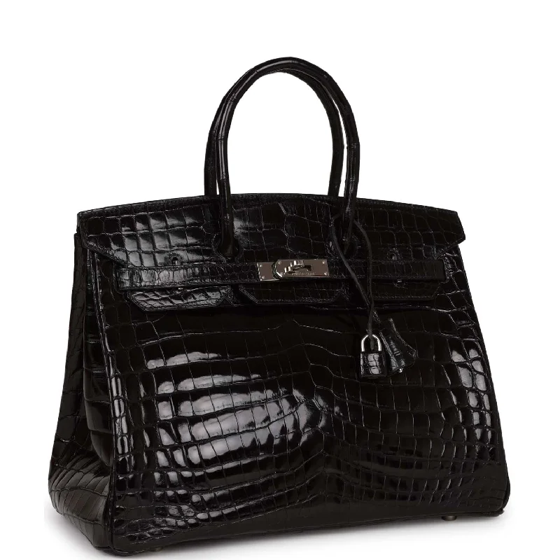 Hermes Birkin Bags with a Hand - Painted Monogram DesignHermes Birkin 35 Black Shiny Porosus Crocodile Palladium Hardware