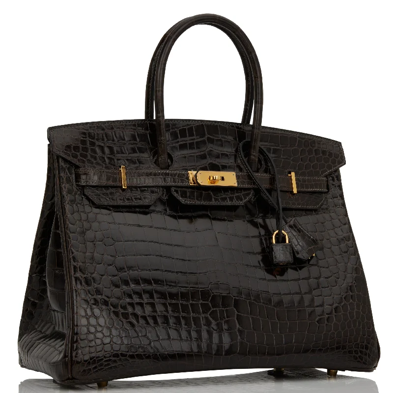 Hermes Birkin Bags with a Detachable Shoulder Pad for ComfortHermes Birkin 35 Graphite Shiny Porosus Crocodile Gold Hardware