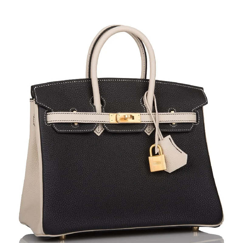 Hermes Birkin Bags with a Leather - Lined Interior Pocket for Added ProtectionHermes Special Order (HSS) Birkin 25 Black and Craie Togo Brushed Gold Hardware - Payment 1 for VG