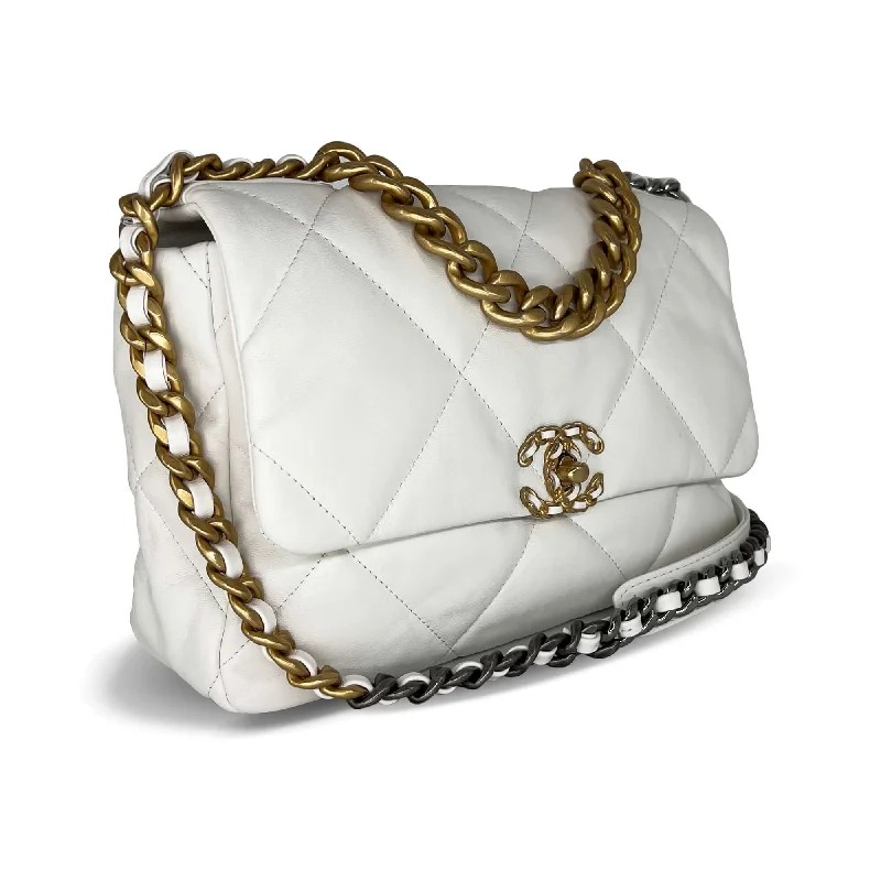 Chanel Quilted Leather Shoulder Bag for FashionistasPre owned Chanel 19 white designer flap bag