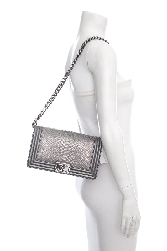 Chanel Lightweight Handbag for Daily ErrandsChanel 2018 Silver Python Medium Boy Bag