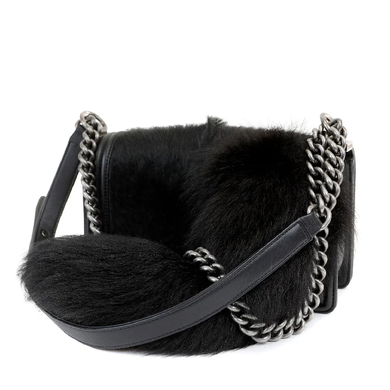 Chanel Designer Handbag with Unique DesignChanel Black Fox Fur Boy Bag with Tail & Ruthenium Hardware