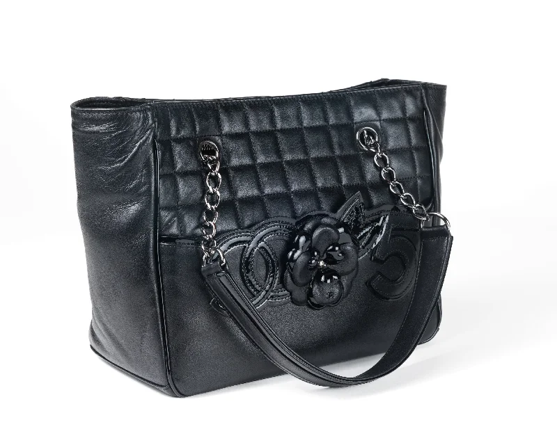 Chanel Lightweight Handbag for Daily ErrandsChanel Black Lambskin Camellia Mini Shopper Tote with Silver Hardware