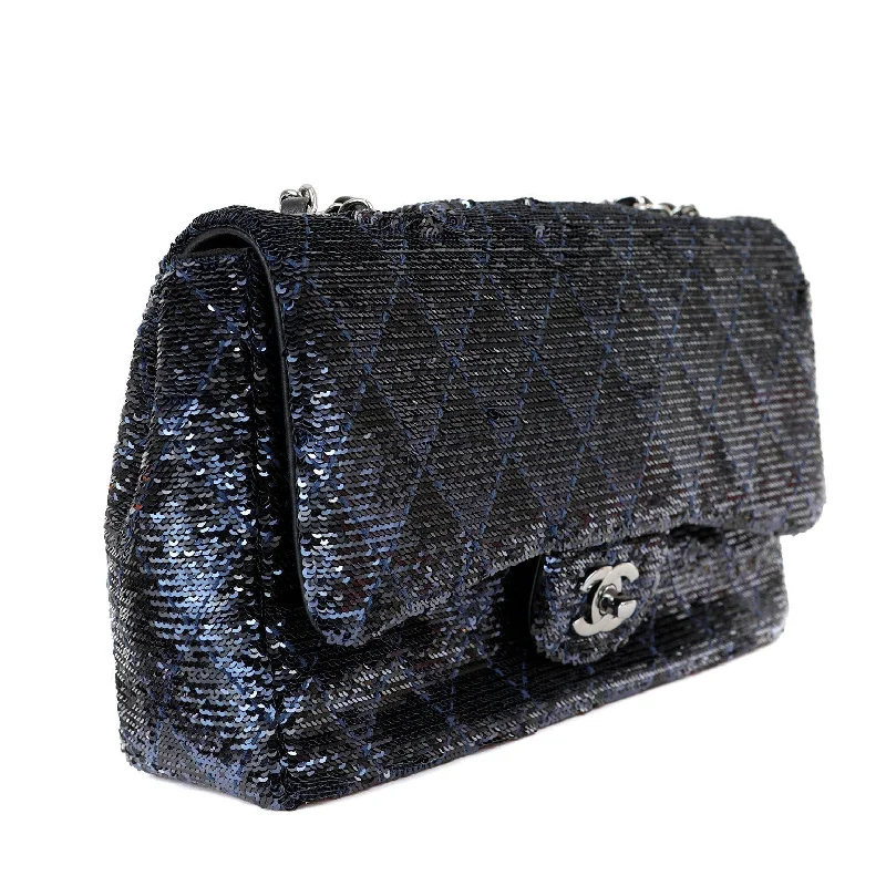 Chanel All - Match Handbag for Versatile StylingChanel Black/Navy Sequin Classic Flap Bag w/ Silver Hardware