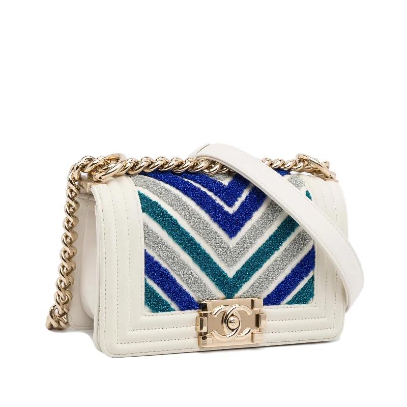 Chanel Chain Strap Handbag for Everyday UseChanel Boy Small White Embroidered Lurex Chevron Lambskin Gold