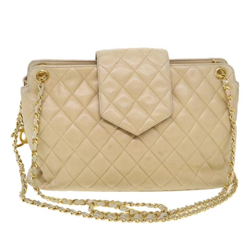 Chanel Quilted Leather Shoulder Bag for FashionistasCHANEL Chain Shoulder Bag Lamb Skin Beige CC  38451