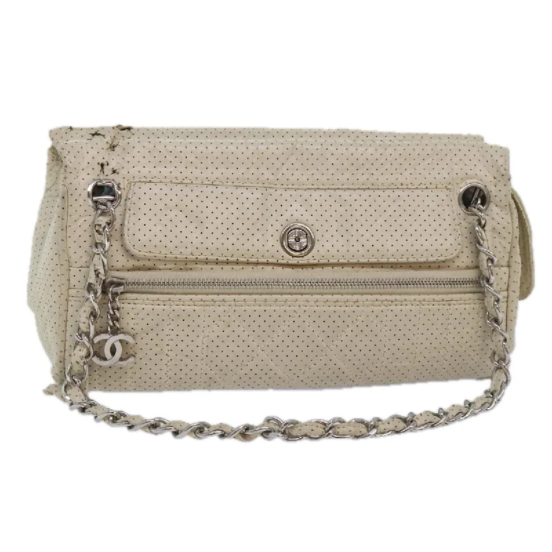 Chanel Classic Flap Bag for Evening PartyCHANEL Chain Shoulder Bag Punching leather White Silver CC  91310