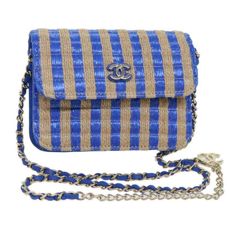 Chanel Designer Handbag with Unique DesignCHANEL Chain Shoulder Bag Raffia Blue Beige CC  51139A