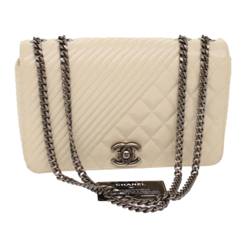 Chanel Classic Flap Bag for Evening PartyCHANEL Chevron x Matelasse Chain Shoulder Bag Lamb Skin White CC  48469A