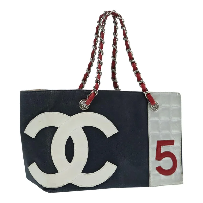 Chanel Designer Handbag with Unique DesignCHANEL Choco Bar Chain Tote Bag Canvas Navy Silver CC  bs18482