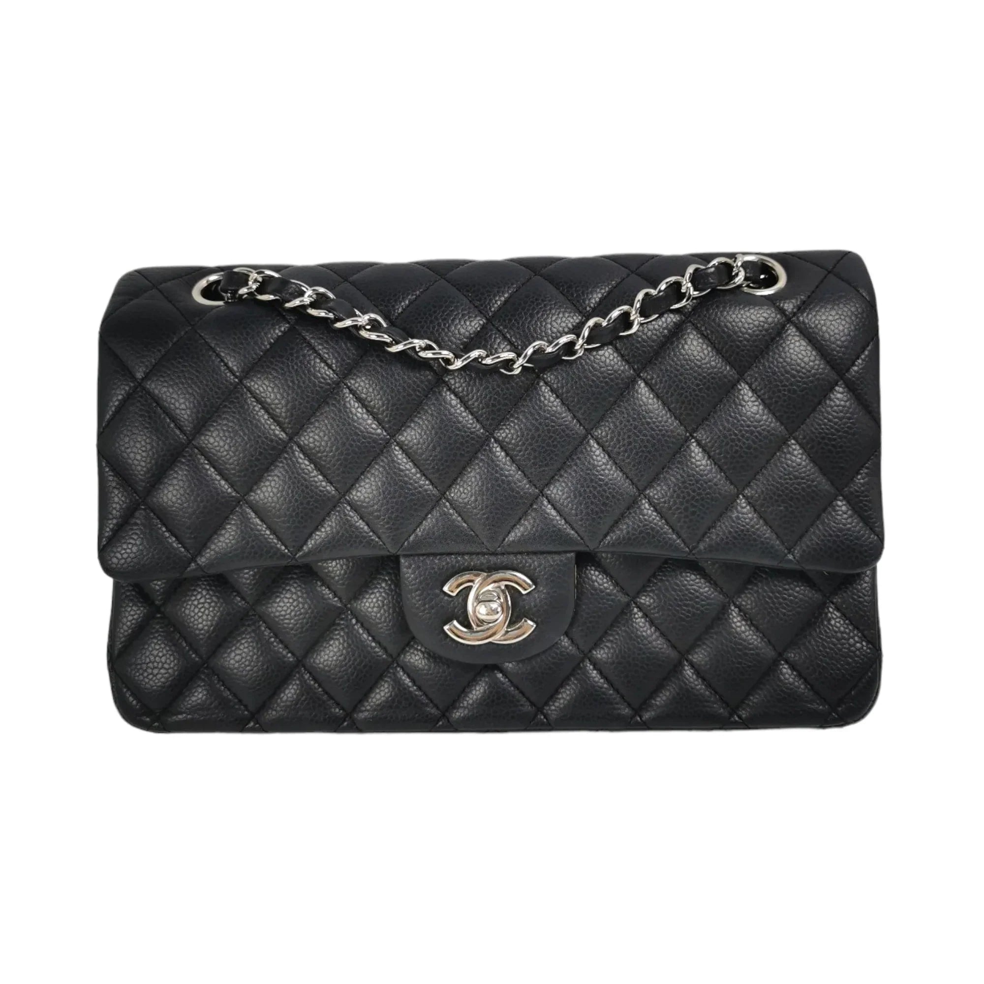 Chanel Handbag with Adjustable Strap for ComfortChanel Classic Double Flap Medium Black Caviar Silver