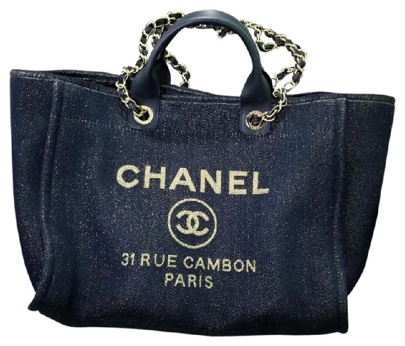 Chanel Handbag with Adjustable Strap for ComfortChanel Deauville Fabric Tote Navy Blue Gold