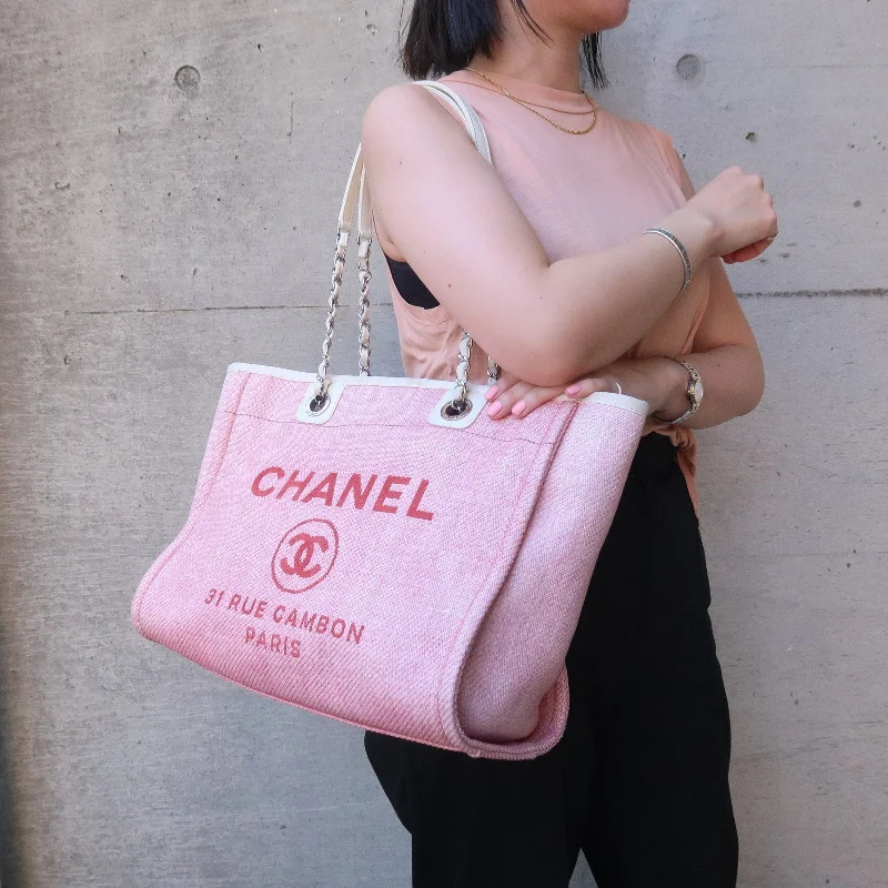 Chanel Lightweight Handbag for Daily ErrandsCHANEL Deauville MM Straw Leather Chain Tote Bag Pink A67001