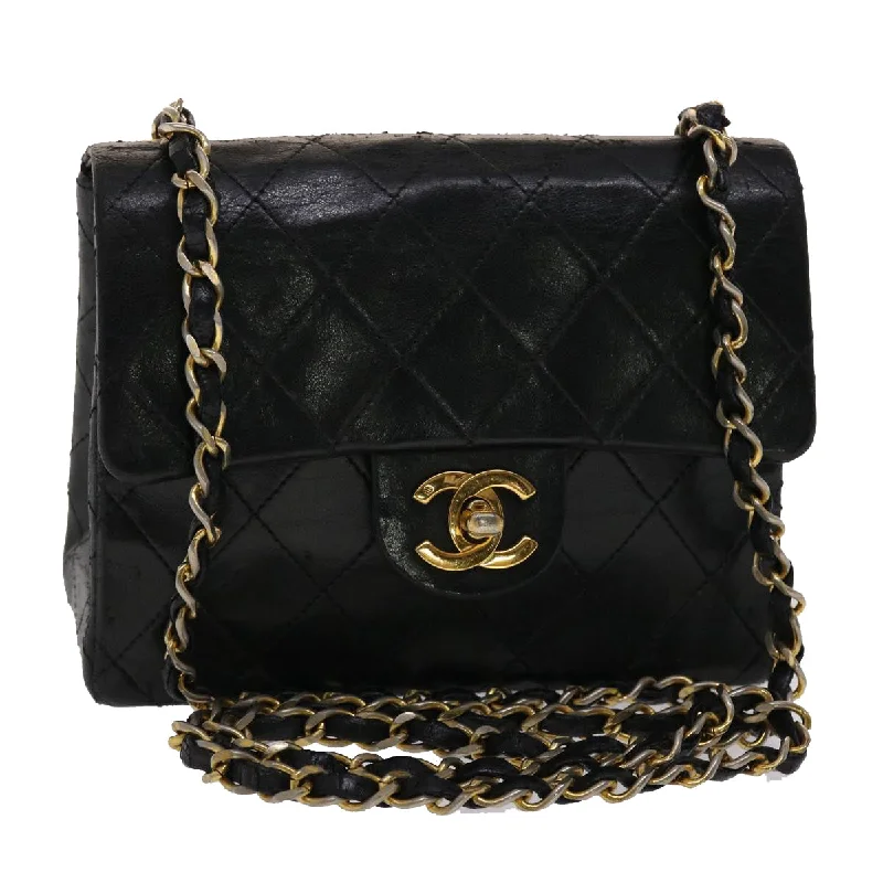 Chanel Designer Handbag with Unique DesignCHANEL Matelasse Chain Flap Shoulder Bag Lamb Skin Black Gold CC  24557A